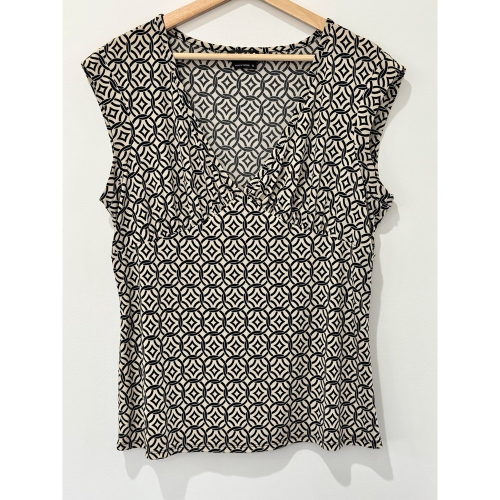 BCBG Paris Babydoll Top Womens XL Black Cream Geometric Print Y2K Office Siren